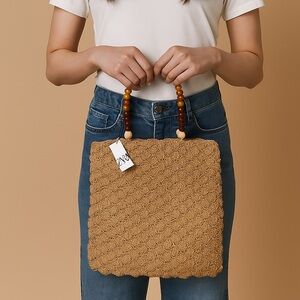 NWT Zara Macrame Tote Tan Woven Bag with Beaded Handles